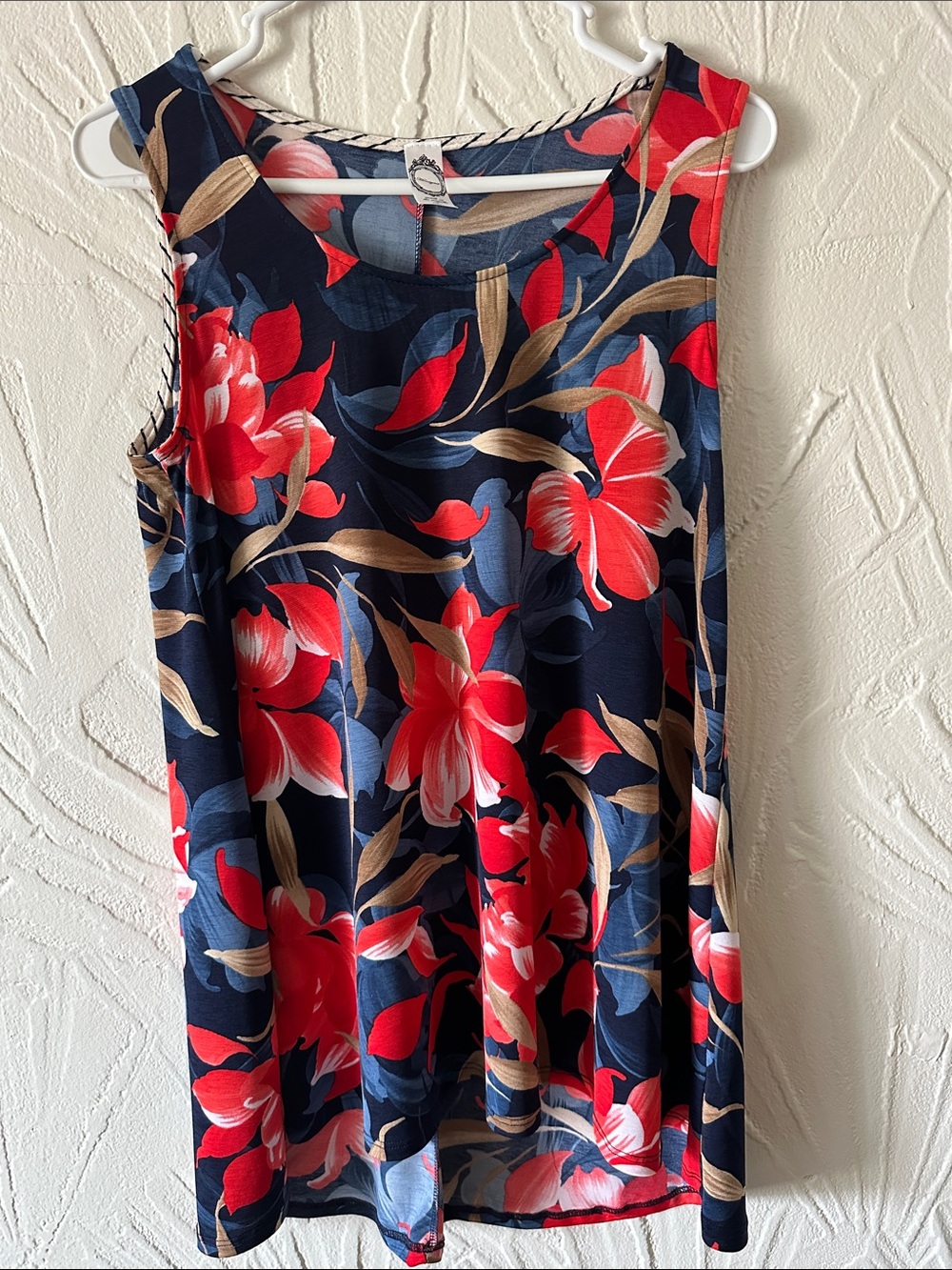 Honeyme Navy Tank with Red Floral Print and Tan Leaves
